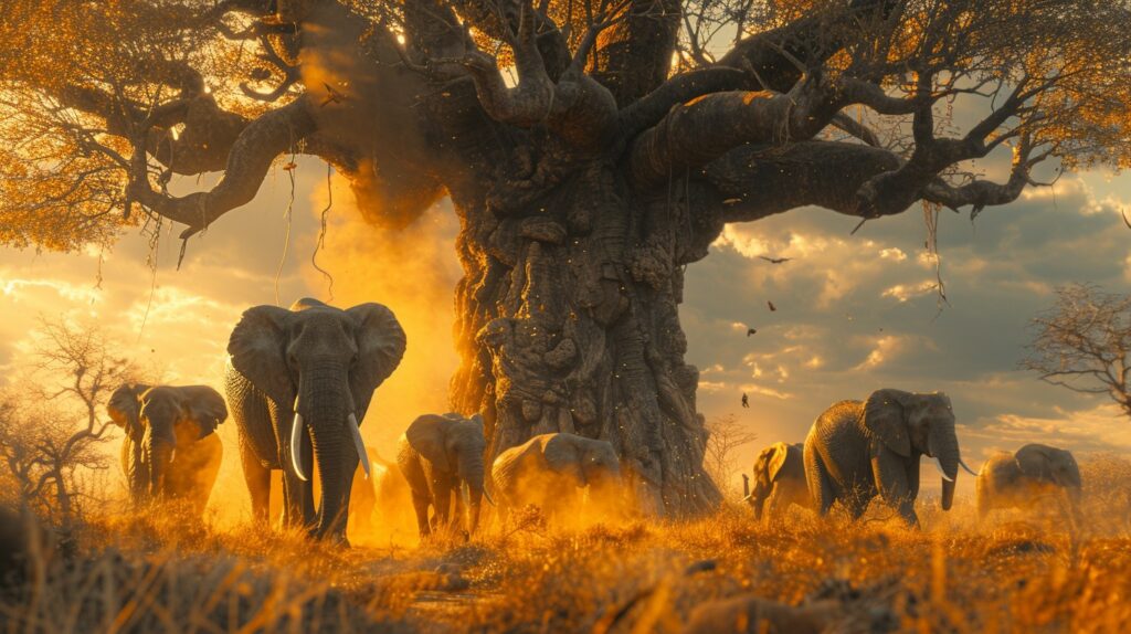 Elephants at sunset